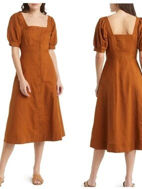 Madewell Linen Blend Square Neck Button-Front Midi Dress in Rust